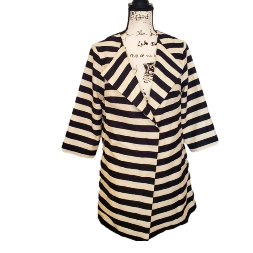 Boston Proper | Black & White Striped PeaCoat Blazer Statement Jacket - Size: 10